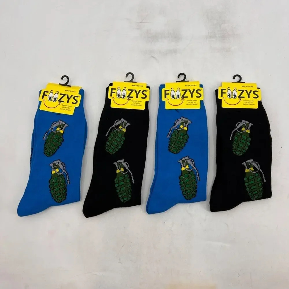 Foozys Socks Mens 6-12 Grenades Stretch Crew Novelty Military Themed Lot 4 Pairs